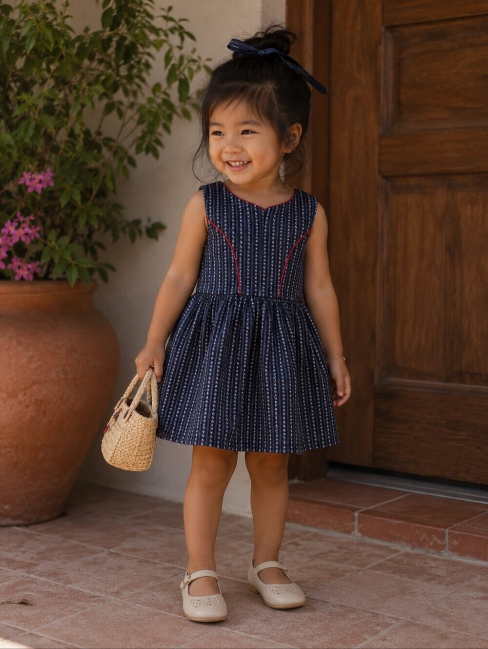 Vintage Toddler Prairie Dress Navy Floral Stripe Cottagecore Folk Girls 2T